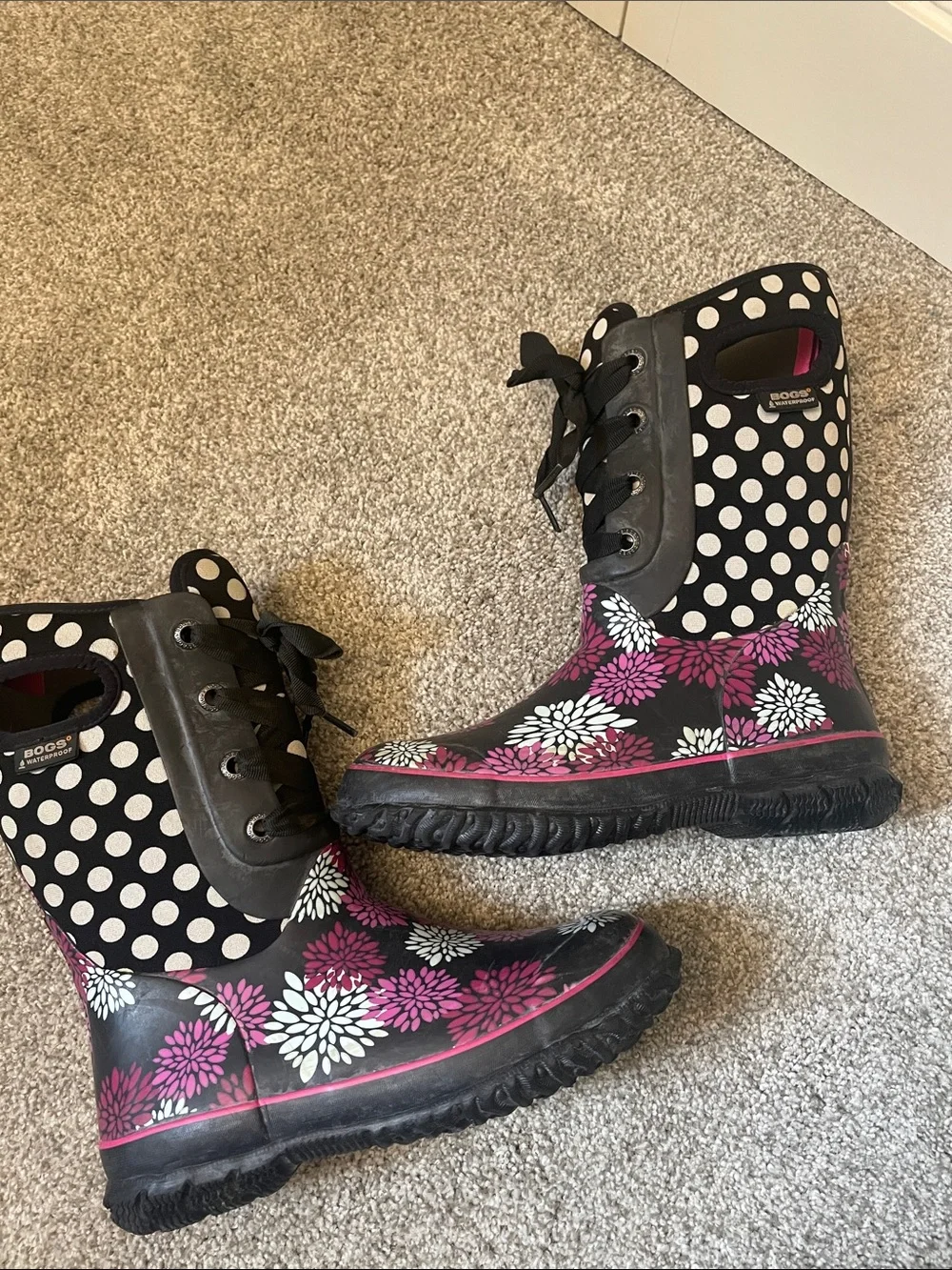 Bogs Kids Casey Pompons waterproof Boots w/ Pink & White Floral Accents Sz 5